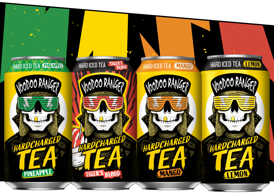 New Belgium Adding Voodoo Ranger Juice Force & Tropic Force Mini Rippers 7.5oz Cans 19 Rainbow background with a lineup of Pineapple, Tigers Blood, Mango, and Lemon HardCharged Tea.