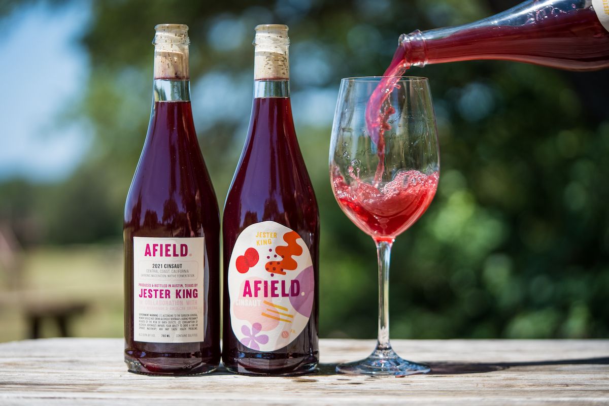 Jester King Releasing SPON Shiso & Fuyu Persimmon, Citrus Foot Direct Batch 2, 2022 SPON Raspberry & Cherry and 2022 Blackberry & Cherry / 2021 Blanc Du Bois / Afield 2021 Cinsaut / Audio Palette / Italian-Style Pilsner 12 AFIELD-1 (1).jpg