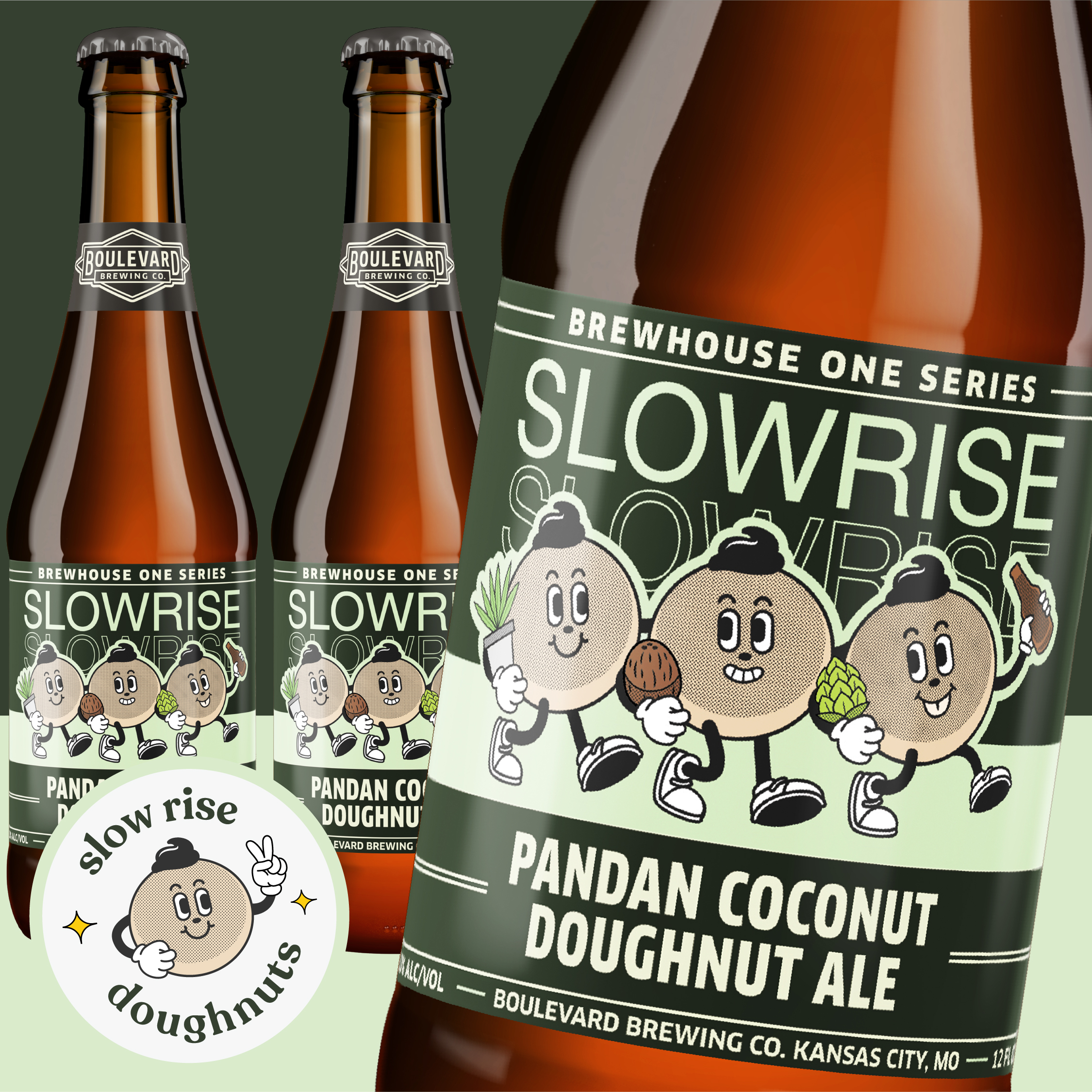 Boulevard Releasing Coconut Pandan Doughnut Ale Collaboration 10 Three bottles of Boulevard Brewing Co.'s Slowrise Pandan Coconut Doughnut Ale, featuring animated coconut characters with smiling faces. The design includes doughnuts and pandan leaves. A round logo with a coconut character says "slow rise doughnuts.