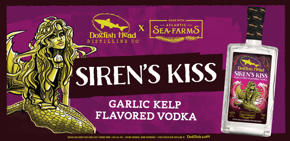 Dogfish Head & the Delaware Restaurant Association Celebrate Women’s History Month with New Benevolence Beer, She Means Business 18 Siren's Kiss Kelp Flavored Vodka label and release with a mermaid made of seaweed