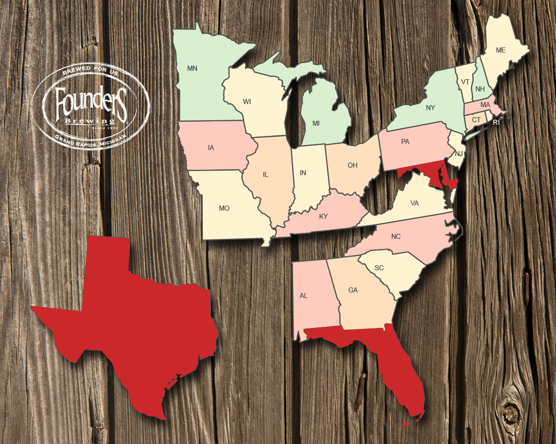 Founders Releases - All Day IPA Coming 3/1, Kentucky Breakfast Stout 3/27, Curmudgeon March/April, Doom 4/22 & Distribution To TX, FL & MD 15 Founders distribution map with three new states added in