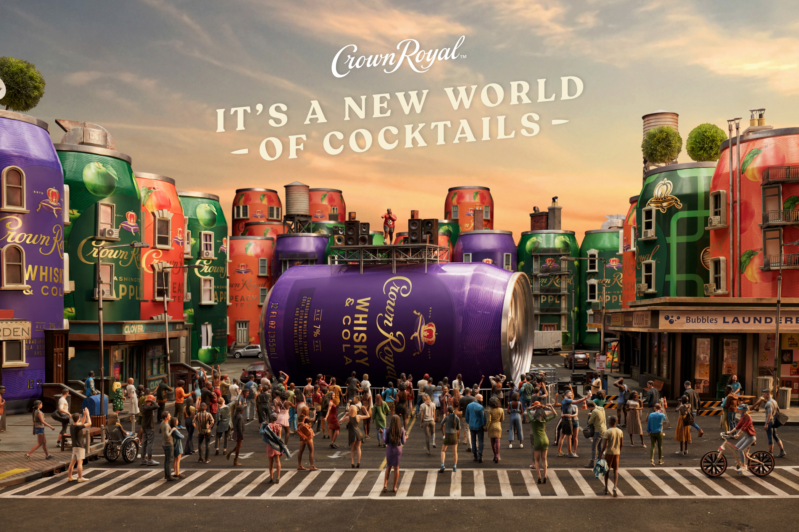 CROWN ROYAL LAUNCHES “A WHOLE NEW WORLD OF COCKTAILS” CAMPAIGN 14 Crown Royal illustration of people playing basketball by a giant Crown Royal can