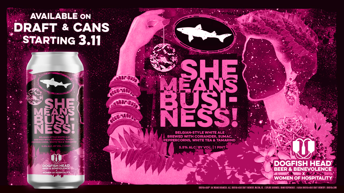 Dogfish Head & the Delaware Restaurant Association Celebrate Women’s History Month with New Benevolence Beer, She Means Business 16 She Means Business beer release label with cartoon of woman with her arm up