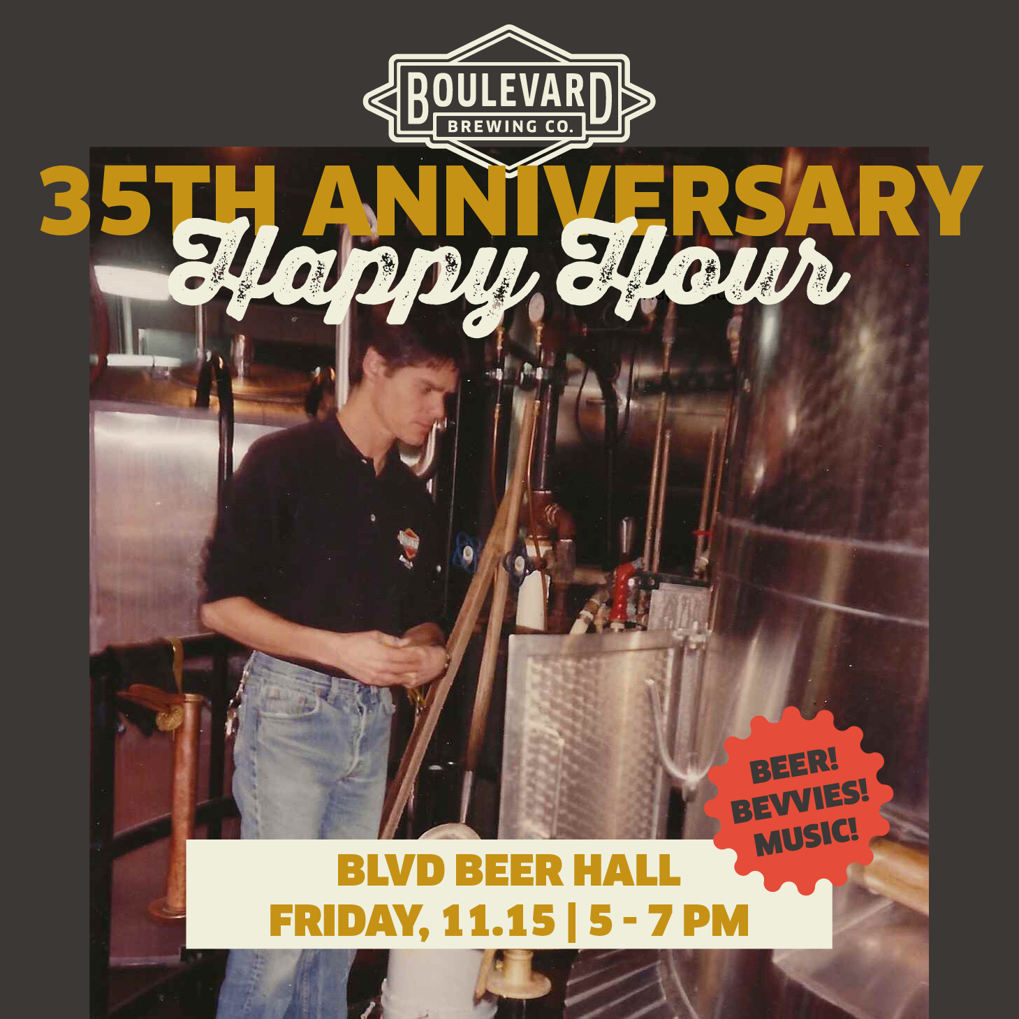 Boulevard Brewing Celebrating 35 Years 37 A vintage photo of John McDonald, founder of Boulevard, with text overlay