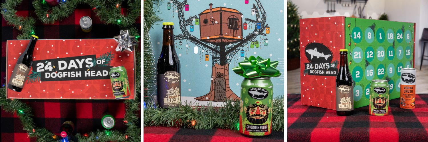 24 Days Of Dogfish Head 11 24 Days of Dogfish 24-day exploration package set on a red back drop with Dogfish head product around it