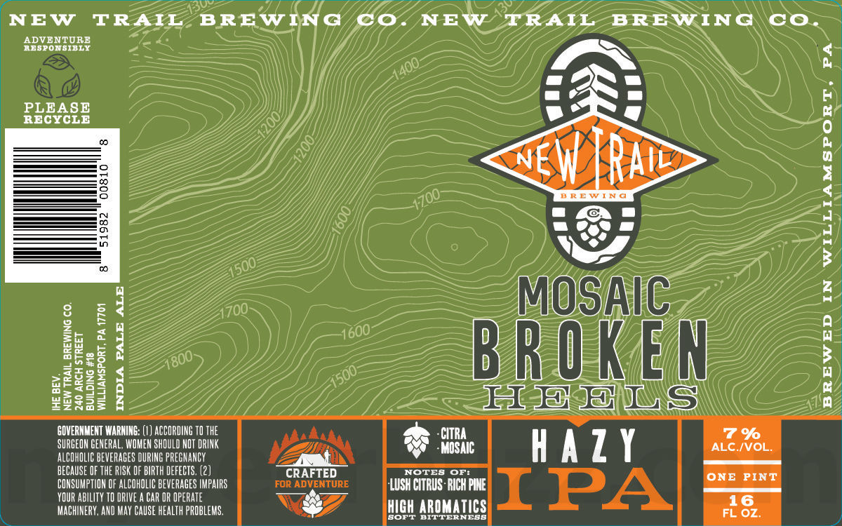 New Trail Working On Blueberry Sour, Trout Bitten, Vivid Glen, Trail Marker, 24/7, The Raven, No Worries, Non-Alcoholic Broken Heel, Moon Lit, Trail Tones, Tropical Fusion, Strawberry Cheesecake Cookie, Peanut Butter Cup Cookie, Talus Dry-Hopped Lazy River Pils, Cascade Dry-Hopped Lazy River Pils, Base Jump, Mosaic Broken Heels & Double Citrus Summit 26 apostMBB 1607