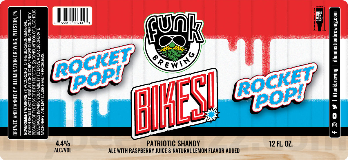 Funk Brewing Adding Bikes! Peach Shandy, Grape Shandy, Lemon Shandy, Watermelon Sour Power, Funk Local 99, Strawberry Sour Power, Bikes! Rocket Pop, Blueberry Sour Power, Triple Citrus, ¡Viva!, Hyperviolent Birthday Brew & Patriotic Shandy 18 apostMBB 1693
