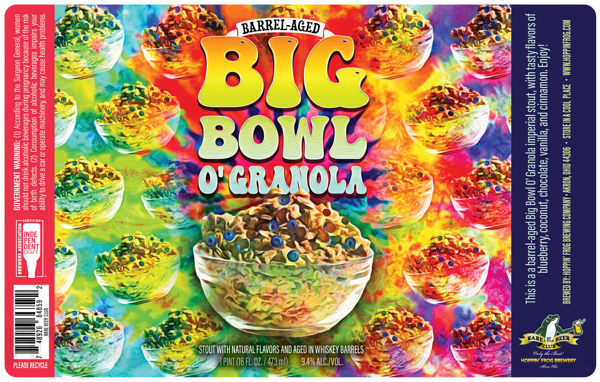 Hoppin’ Frog Adding 19 Jenks 29 Smashing Blonde Ale, Big Bowl O'Granola, G. Frogington I Can't Lie Black Cherry Turbo Shandy & Cognac Barrel-Aged Brandy Alexander Boris The Crusher 10 apostMBB 2059
