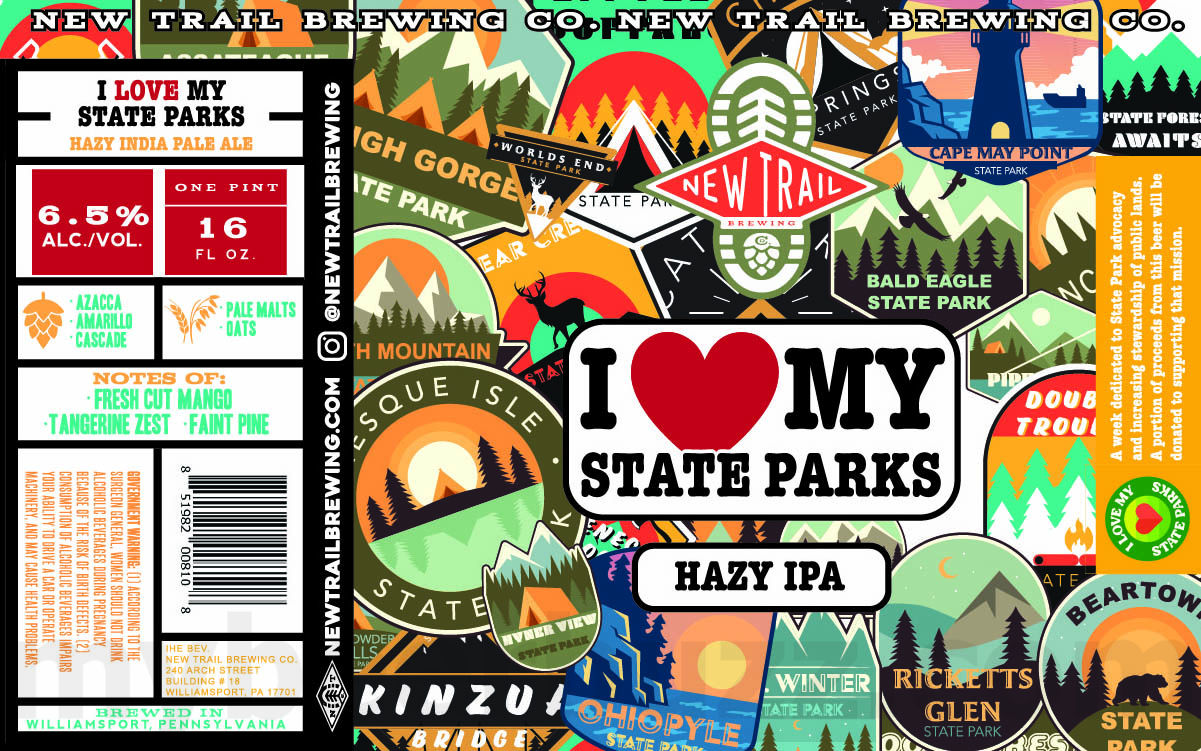 New Trail Adding Pineapple Broken Heels, Crisp Lager, The Pathfinder, Field Guide, Chocolate Strawberry Ice Cream Stout, Overlook, Rocksylvania, Dust & Stone, I My State Parks, Raspberry Sour, State Light Lime, RUnning Red and State Light Peach 14 apostMBB 2677