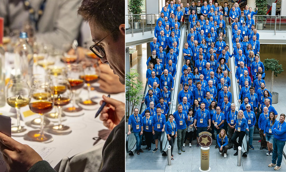 American Craft Brewers Claim Top Honors in European Beer Competitions 13 judge evaluating beer and beer judges posed together in stairwell