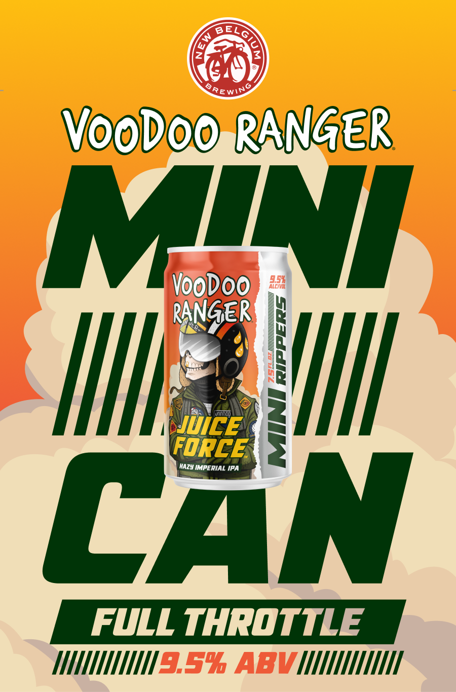 New Belgium Adding Voodoo Ranger Juice Force & Tropic Force Mini Rippers 7.5oz Cans 17 Voodoo Ranger Mini Ripper Juice Force Can in the foreground with "Mini Can: Full Throttle 9.5% ABV" in the background