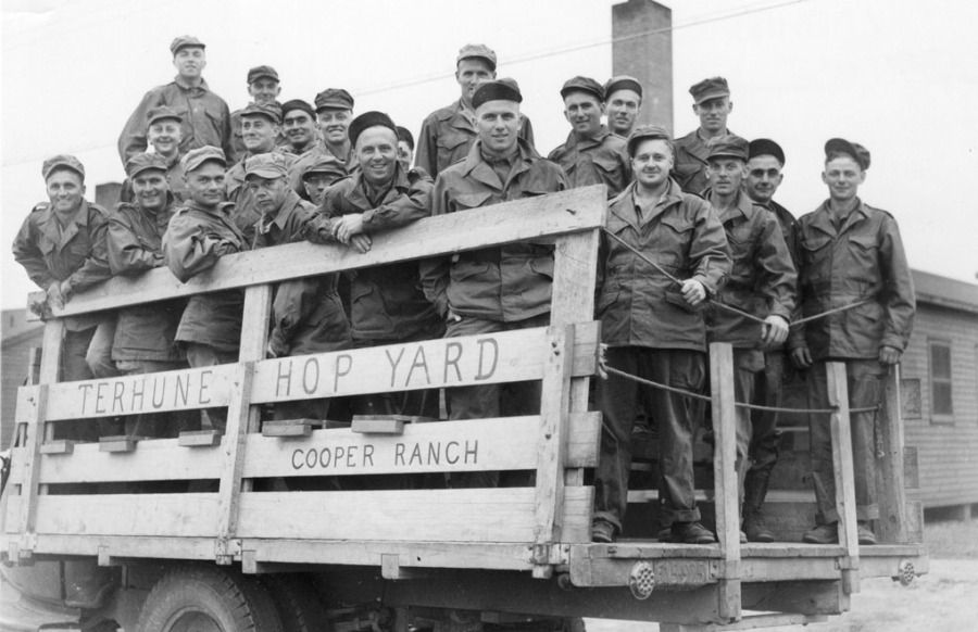 Rogue Farms Adding 10-Acres of Adair & Keven Hops 11 Camp Adair soldiers arrive to pick hops. Oregon State University Archives photo.