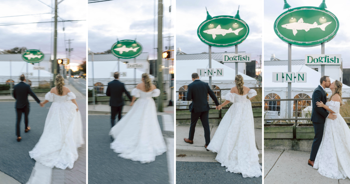 Dogfish Head Weddings - Love is INN the Air 24 a bride and groom posing in front of the dogfish inn sign