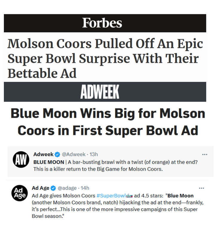 America has spoken: Molson Coors’ first Super Bowl ad in 30 years is a winner 10 headlines