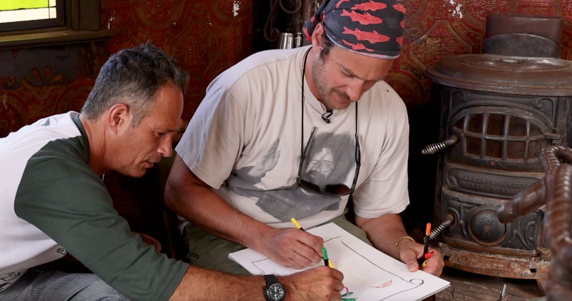 Dogfish Head - The Adventures of Pawpaw Pirate & Captain Strawberry: The Pawberry Cocktail 15 Sam Calagione and Brad Leone coloring in the steampunk treehouse at Dogfish Head in Milton to ideate a label