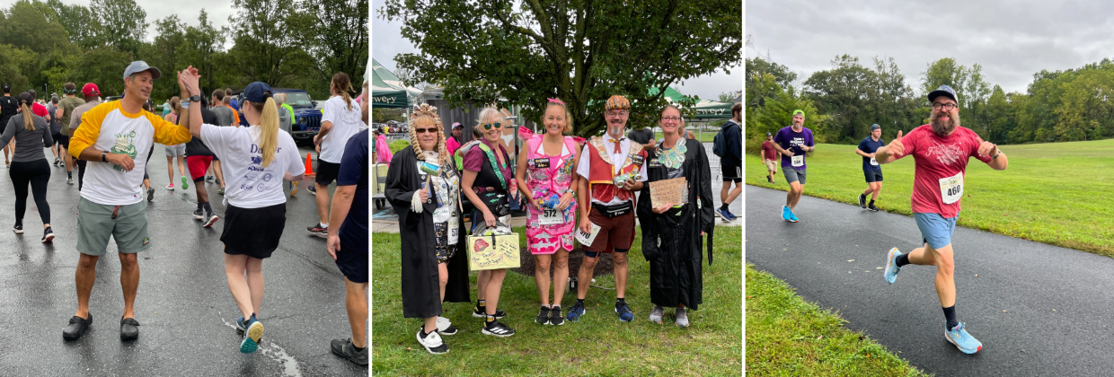 Dogfish Head - Land Preservation: That’s the Name of the Game 13 A collage from Dogfish Dash with a runner high fiving Sam Calagione, a group dressed up in recycled costumes and another runner