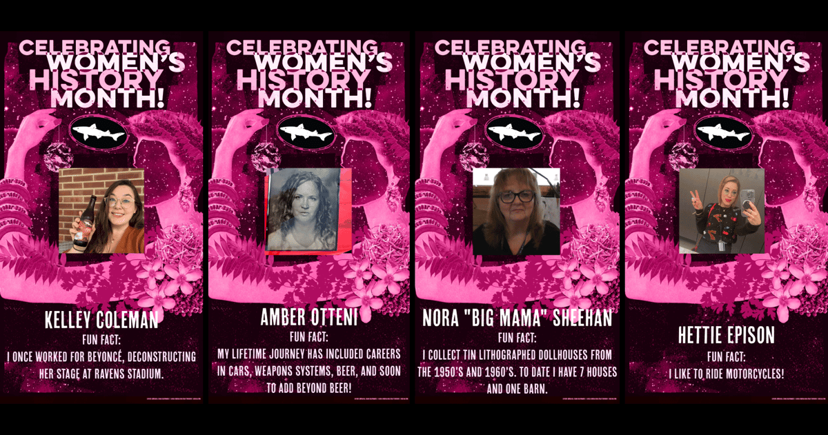 Dogfish Head & the Delaware Restaurant Association Celebrate Women’s History Month with New Benevolence Beer, She Means Business 14 Women's History Month - four posters side by side of Dogfish Head coworkers and fun facts about them
