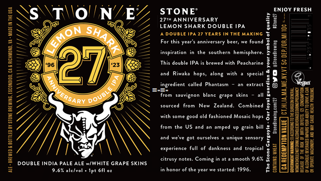 Stone Celebrating 27 Years With Lemon Shark 27 Anniversary DIPA Stone Celebrating 27 Years With Lemon Shark 27 Anniversary DIPA
