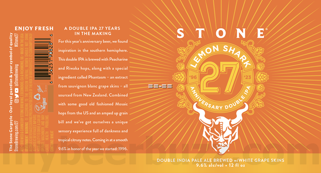 Stone Celebrating 27 Years With Lemon Shark 27 Anniversary DIPA Stone Celebrating 27 Years With Lemon Shark 27 Anniversary DIPA
