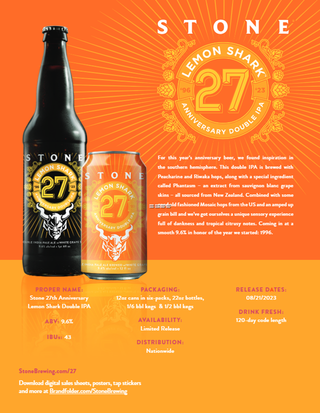 Stone Celebrating 27 Years With Lemon Shark 27 Anniversary DIPA Stone Celebrating 27 Years With Lemon Shark 27 Anniversary DIPA