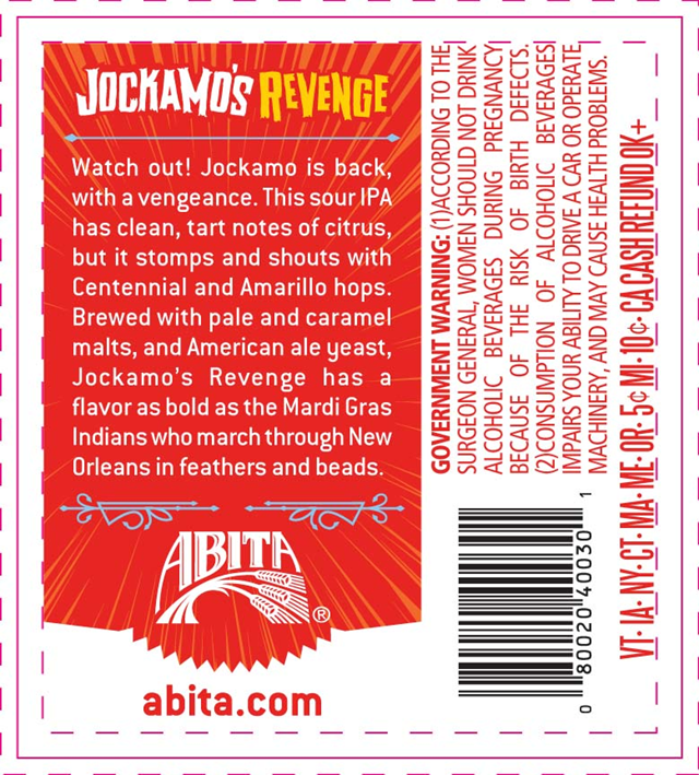 Abita Brewing Limited Series Jockamo’s Revenge Sour IPA Abita Brewing Limited Series Jockamo’s Revenge Sour IPA