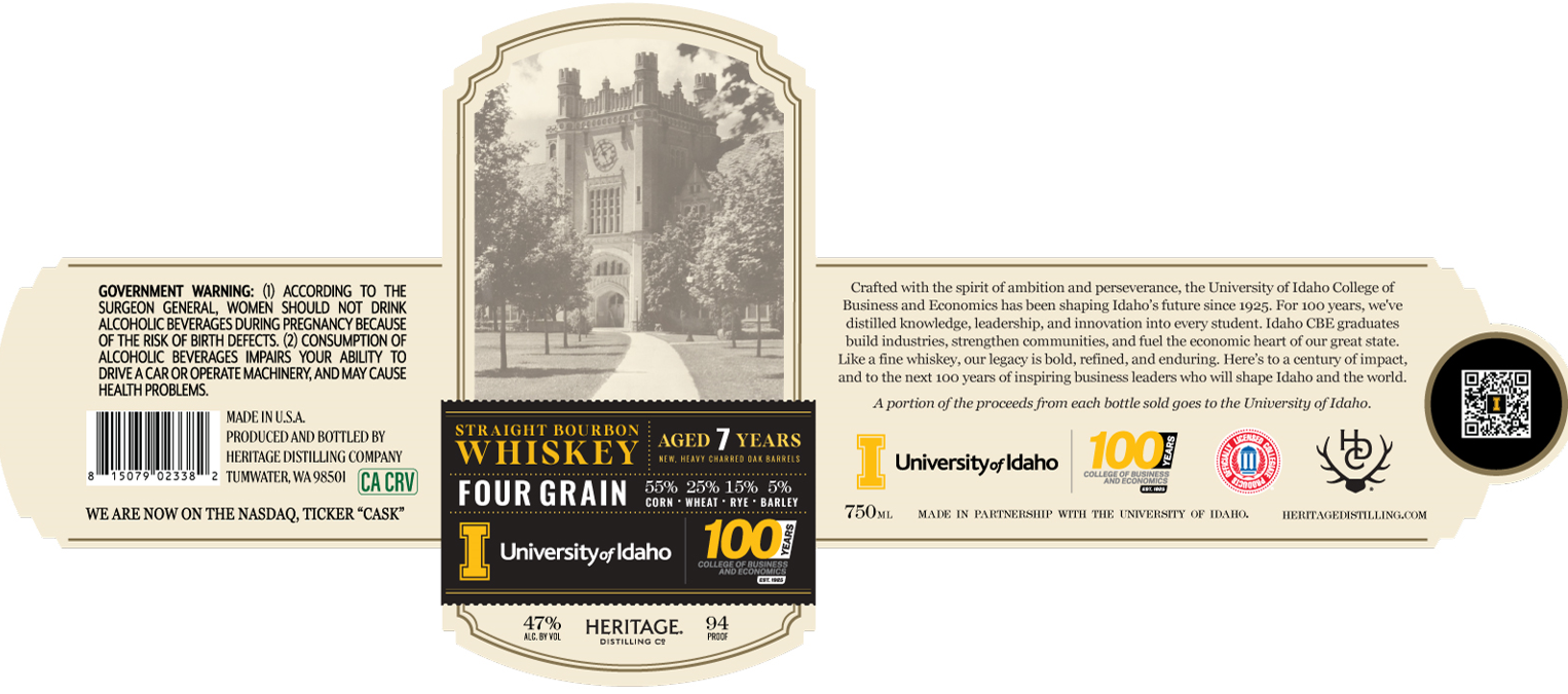 Heritage Distilling University Of Idaho 100 Years 7-Year Four Grain Straight Bourbon Whiskey Heritage Distilling University Of Idaho 100 Years 7-Year Four Grain Straight Bourbon Whiskey
