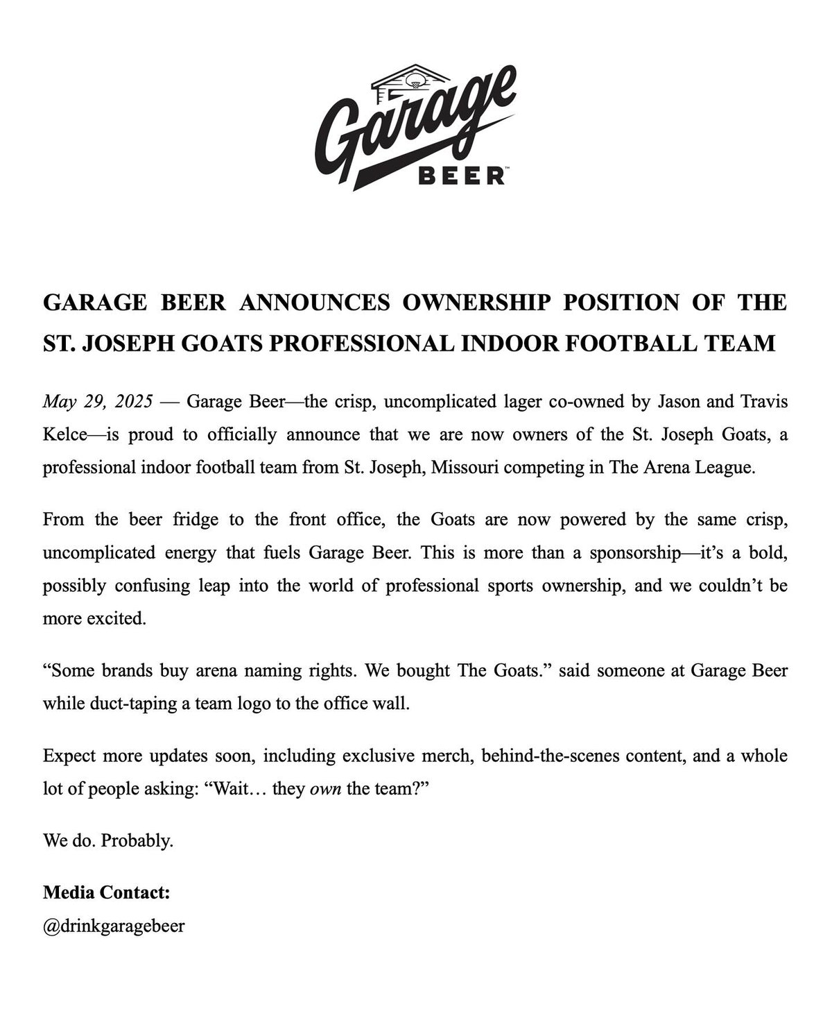 Garage Beer Announces The Purchase Of The St. Joseph Goats Pro Indoor Football Team Garage Beer Announces The Purchase Of The St. Joseph Goats Pro Indoor Football Team
