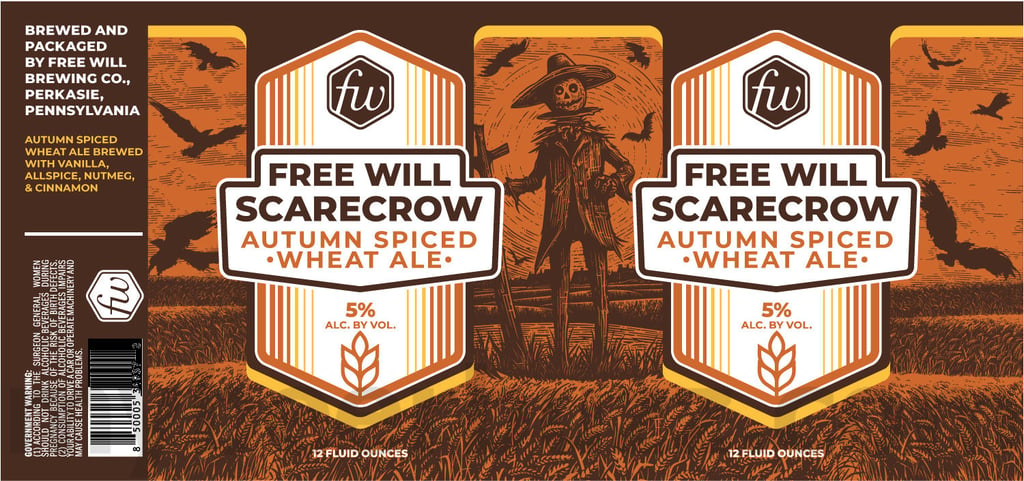 2025 Free Will Scarecrow Autumn Spiced Wheat Ale 12oz Cans.
