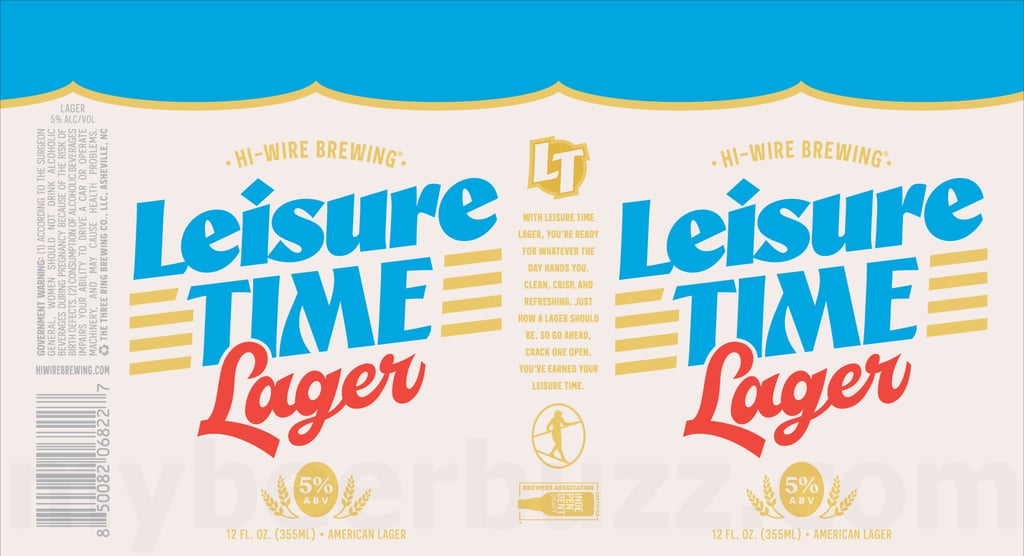 Hi-Wire Working On We’re Nine!, Kiwi Margarita, Fruit Tart Raspberry Fizz, Festbier, Coconut Chocolate Bar 10W-40, Rye Whiskey Barrel-Aged Manhattan Ale, Leisure Time Lager and Super Haze 7 2026 Hi-Wire Brewing Leisure Time Lager 12-oz Cans