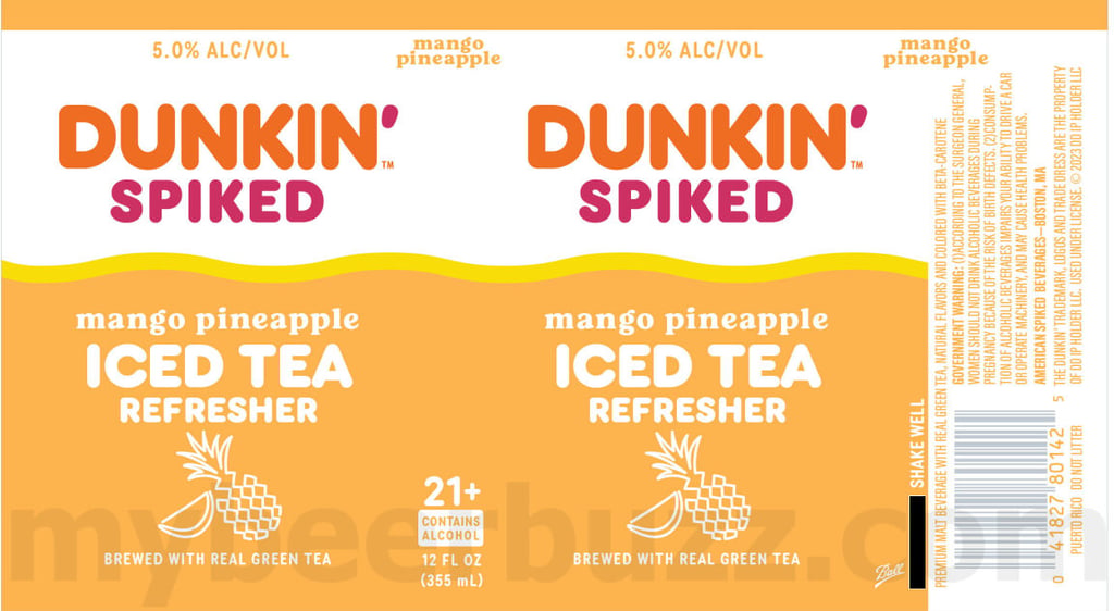 2025 Harpoon Dunkin' Spiked Mango Pineapple Iced Tea Refresher 12oz cans.