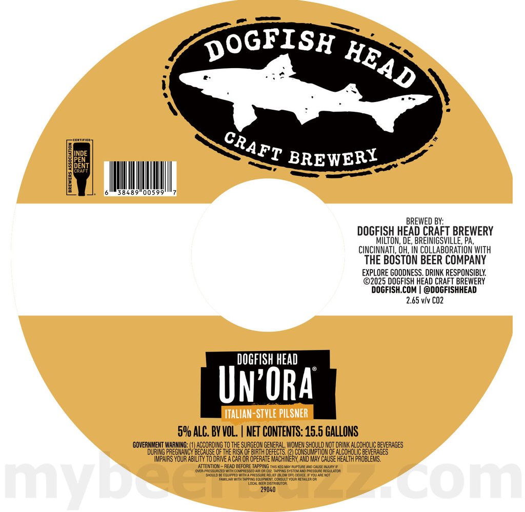 2025 Dogfish Head Un’ora Pilsner keg labels