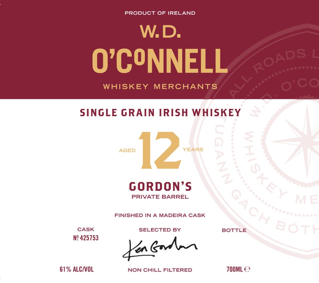W.D. O’Connell Whiskey Merchants Gordon’s Private Barrel Madeira Cask 12-Year Single Grain Irish Whiskey