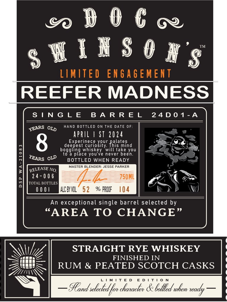 Distillers Way Doc Swinson’s Reefer Madness Single Barrel Straight Rye Whiskey Finished in Rum and Peated Scotch Casks
