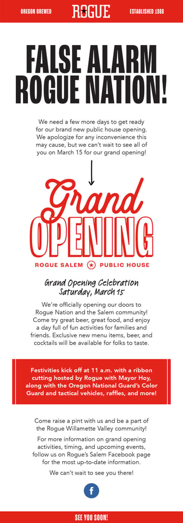 Rogue Delaying Rogue Salem Grand Opening