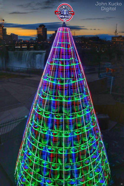 Two-Story Beer Keg Tree Returns to Genesee Brewery with Celebratory Lighting