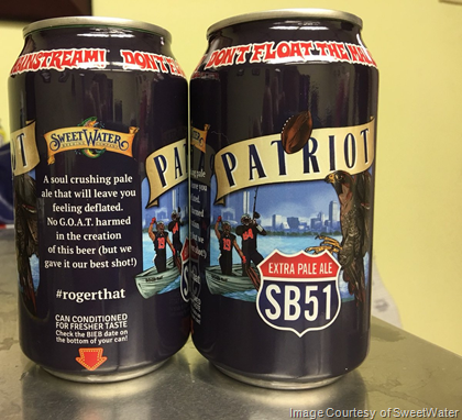 SweetWater Pays Off On Super Bowl Bet w/Patriot Soul Crushing Pale Ale Cans
