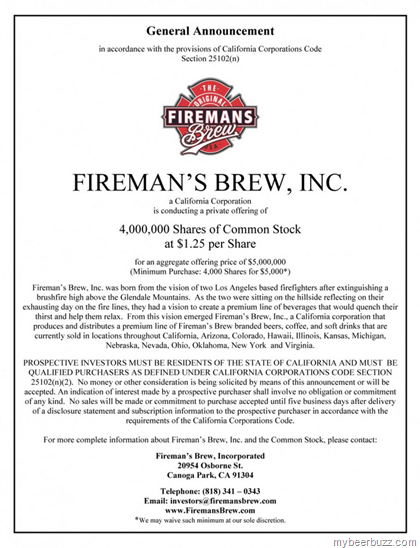 Fireman’s Brew Releases Public Stock Offering