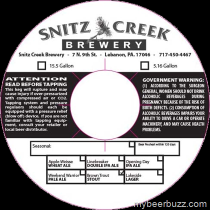 Snitz Creek – Brown Trout Stout, Apple Weisse, Linebreaker DIPA, Opening Day IPA, Weekend Warrior Pale Ale & Lakeside Lager