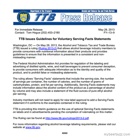 TTB Officially Approves “Serving Facts” / Nutritional Info (Calories, Carbohydrates, Protein, Fat…) On Beer Packaging