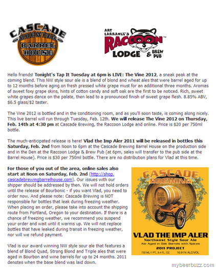 Cascade Brewing – The Vine 2012 Tonight & Vlad The Imp Aler Coming 2/2