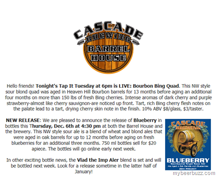 Cascade Brewing LIVE Bourbon Bing Quad Tonight & Blueberry Bottles 12/6