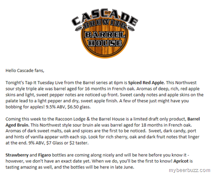 Cascade Brewing–Spiced Red Apple, Barrel Aged Bruin & Figaro Coming Soon