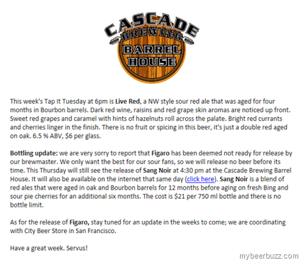 Cascade Brewing –Figaro NOT Ready For Release