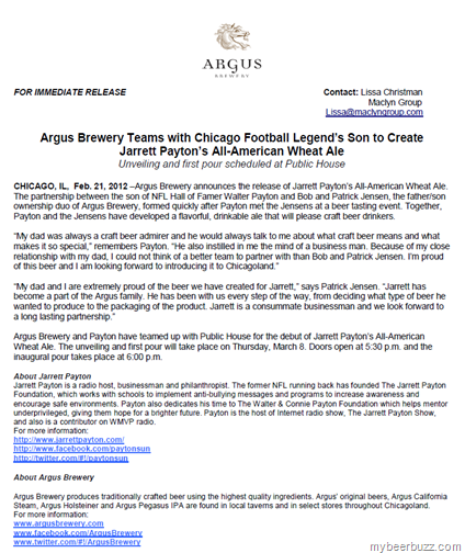 Argus Brewery Creates All-American Wheat w/Jarrett Payton (Son of Walter Payton–Chicago Bears) Coming 3/8