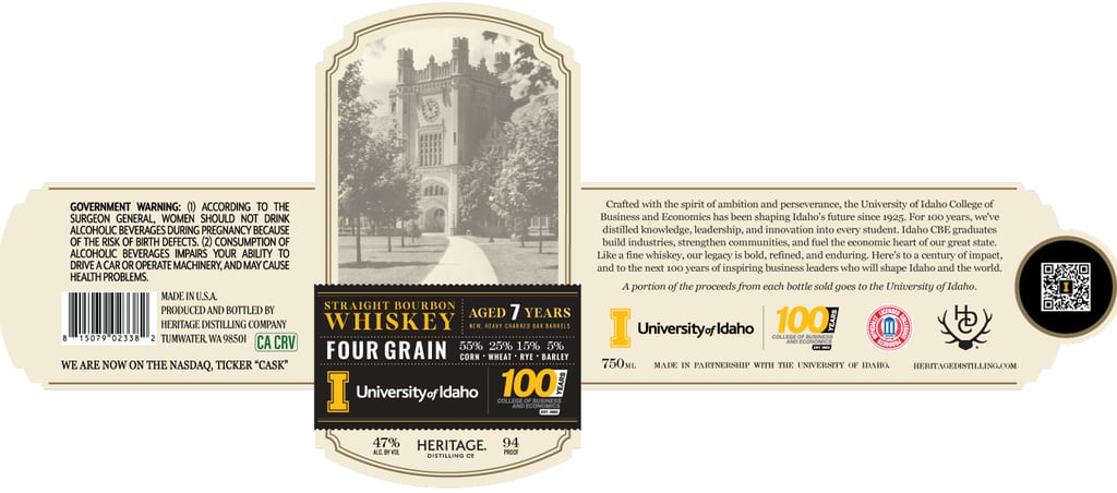 Heritage Distilling University Of Idaho 100 Years 7-Year Four Grain Straight Bourbon Whiskey