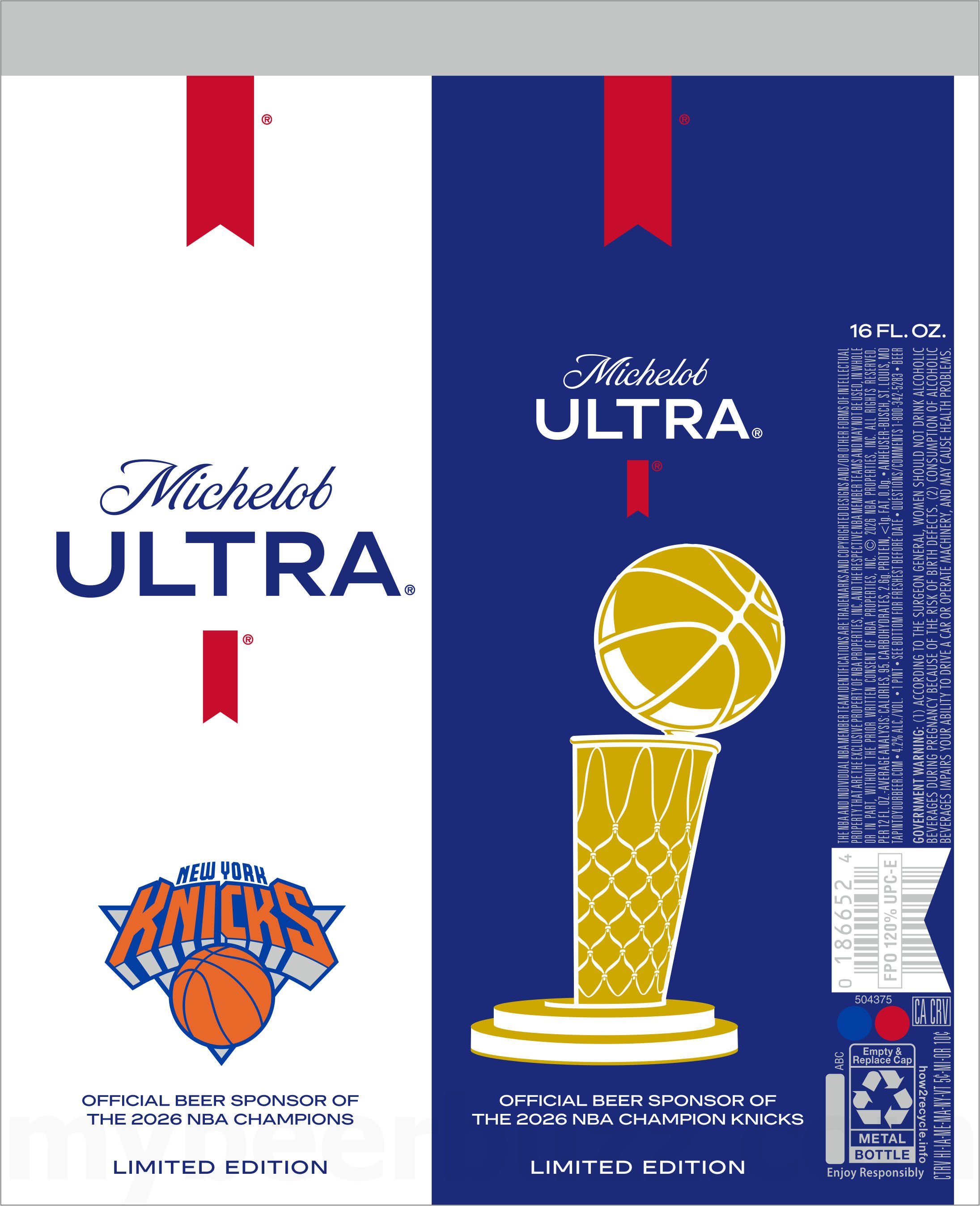 Michelob ULTRA and Designer Victor Solomon Merge Artistry with Legacy with New NBA Championship Bottles Infused with Recycled NBA Trophy Gold 10 2026 Michelob Ultra New York Knicks 16-oz Cans