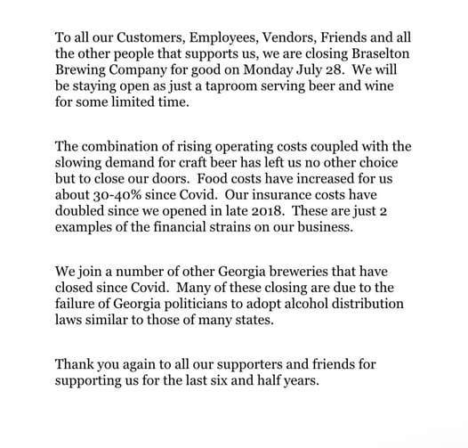 Braselton Brewing Closure Announcement
