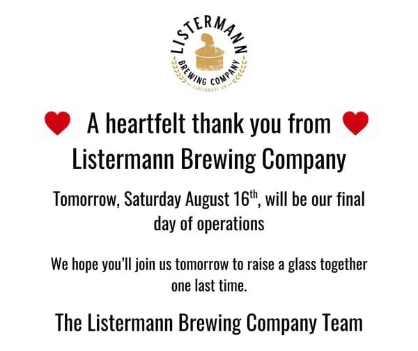 Listermann Brewing CLosure Announcement