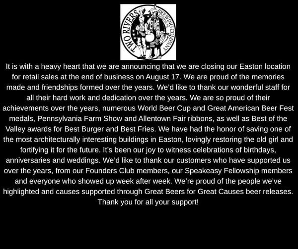 Two Rivers Announces Closure Of Easton PA Location