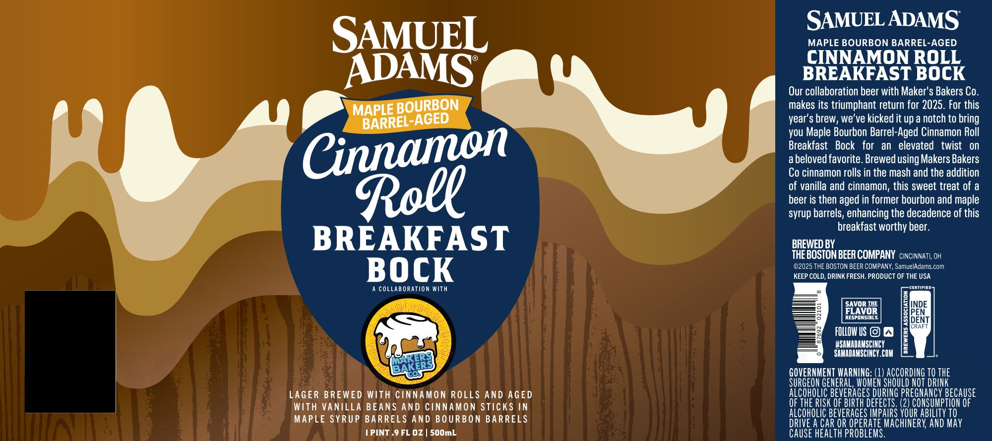 2025 Samuel Adams Maple Bourbon Barrel-Aged Cinnamon Roll Breakfast Bock 500ml Bottles